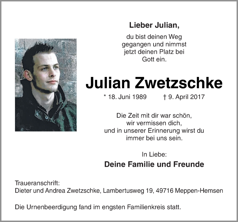  Traueranzeige für Julian Zwetzschke vom 15.04.2017 aus Neue Osnabrücker Zeitung GmbH & Co. KG