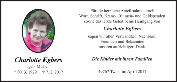 Traueranzeige von Charlotte Egbers von Neue Osnabrücker Zeitung GmbH & Co. KG