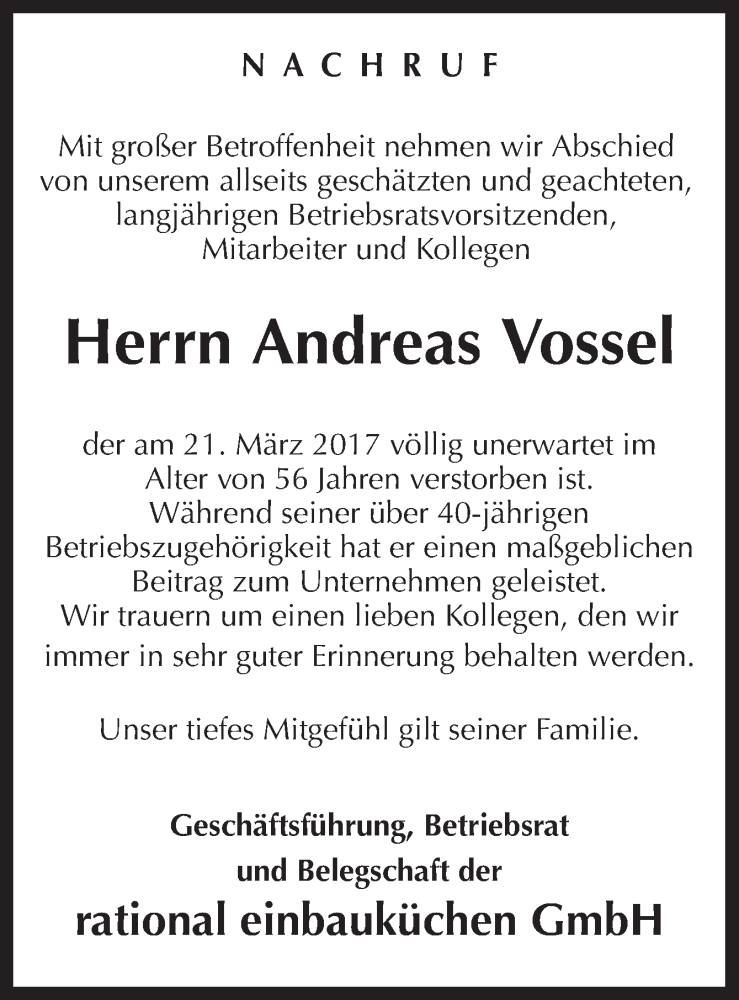  Traueranzeige für Andreas Vossel vom 01.04.2017 aus Neue Osnabrücker Zeitung GmbH & Co. KG