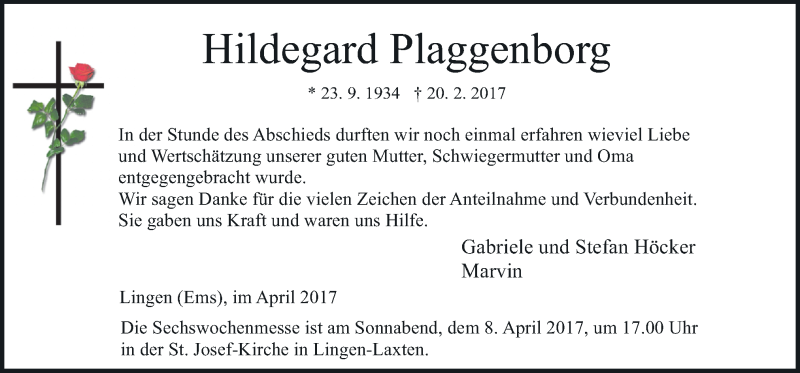  Traueranzeige für Hildegard Plaggenborg vom 05.04.2017 aus Neue Osnabrücker Zeitung GmbH & Co. KG