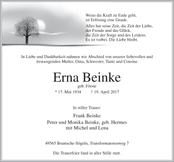 Traueranzeige von Erna Beinke von Neue Osnabrücker Zeitung GmbH & Co. KG