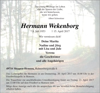 Traueranzeige von Hermann Wekenborg von Neue Osnabrücker Zeitung GmbH & Co. KG