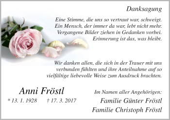 Traueranzeige von Anni Fröstl von Neue Osnabrücker Zeitung GmbH & Co. KG
