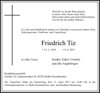 Traueranzeige von Friedrich Tiz von Neue Osnabrücker Zeitung GmbH & Co. KG