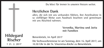 Traueranzeige von Hildegard Rischer von Neue Osnabrücker Zeitung GmbH & Co. KG