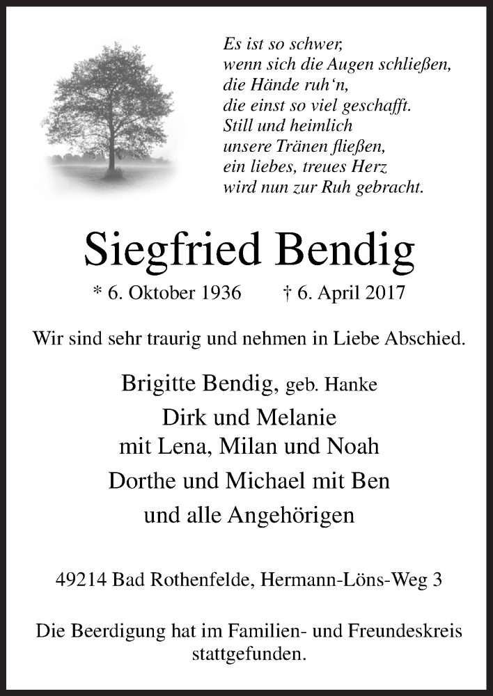  Traueranzeige für Siegfried Bendig vom 12.04.2017 aus Neue Osnabrücker Zeitung GmbH & Co. KG