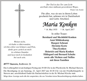 Traueranzeige von Maria Konken von Neue Osnabrücker Zeitung GmbH & Co. KG