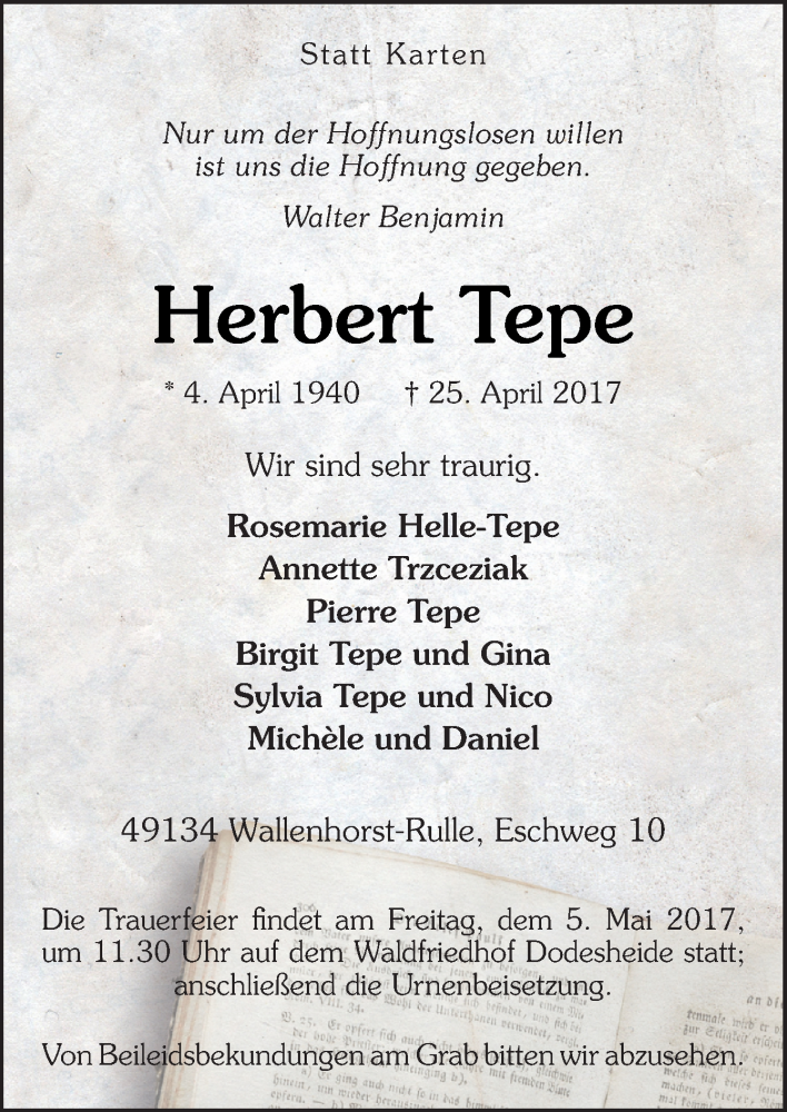  Traueranzeige für Herbert Tepe vom 29.04.2017 aus Neue Osnabrücker Zeitung GmbH & Co. KG
