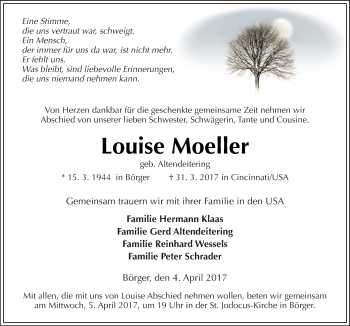 Traueranzeige von Louise Moeller von Neue Osnabrücker Zeitung GmbH & Co. KG