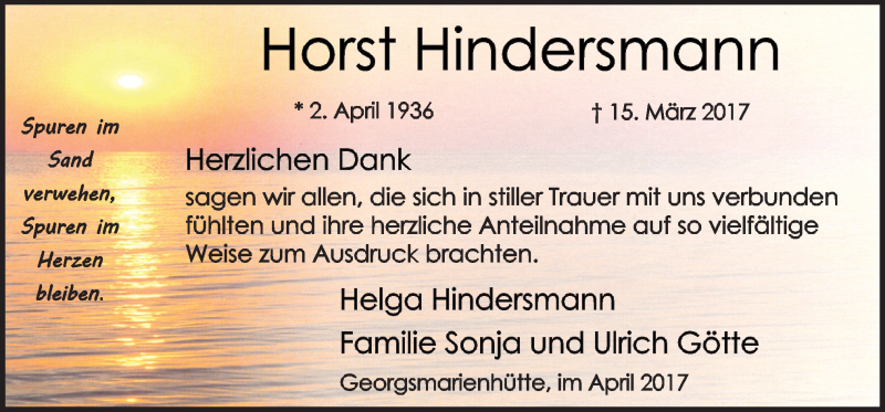  Traueranzeige für Horst Hindersmann vom 22.04.2017 aus Neue Osnabrücker Zeitung GmbH & Co. KG