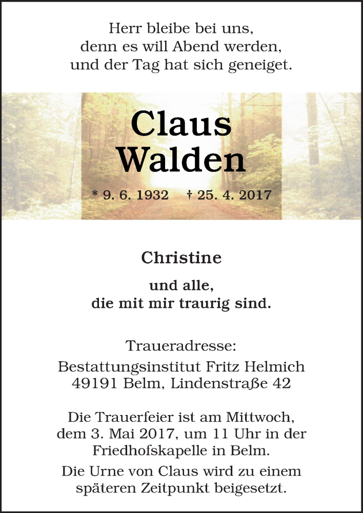  Traueranzeige für Claus Walden vom 29.04.2017 aus Neue Osnabrücker Zeitung GmbH & Co. KG