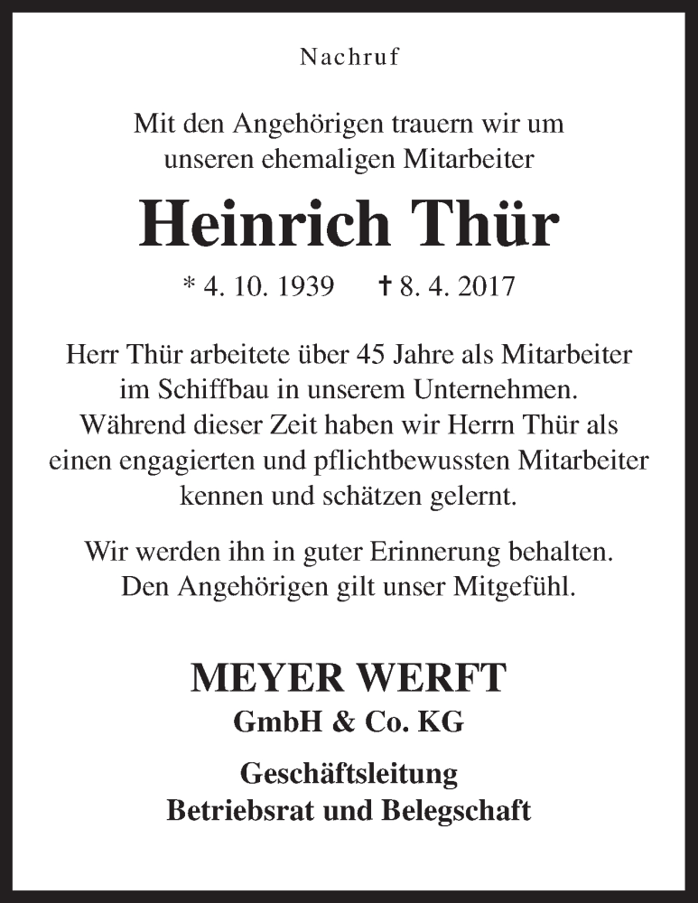  Traueranzeige für Heinrich Thür vom 13.04.2017 aus Neue Osnabrücker Zeitung GmbH & Co. KG