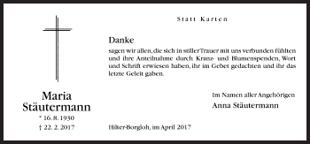 Traueranzeige von Maria Stäutermann von Neue Osnabrücker Zeitung GmbH & Co. KG