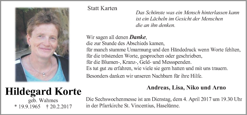  Traueranzeige für Hildegard Korte vom 01.04.2017 aus Neue Osnabrücker Zeitung GmbH & Co. KG
