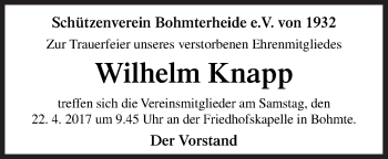 Traueranzeige von Wilhelm Knapp von Neue Osnabrücker Zeitung GmbH & Co. KG