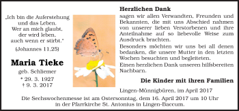 Traueranzeige von Maria Tieke von Neue Osnabrücker Zeitung GmbH & Co. KG
