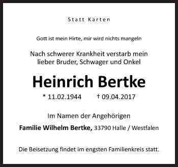 Traueranzeige von Heinrich Bertke von Neue Osnabrücker Zeitung GmbH & Co. KG