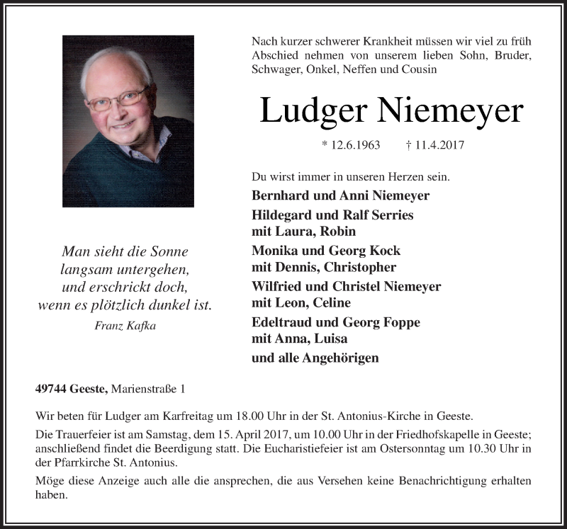  Traueranzeige für Ludger Niemeyer vom 13.04.2017 aus Neue Osnabrücker Zeitung GmbH & Co. KG