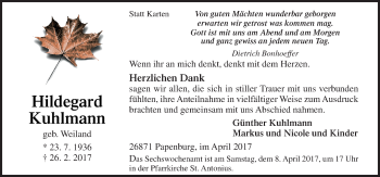 Traueranzeige von Hildegard Kuhlmann von Neue Osnabrücker Zeitung GmbH & Co. KG