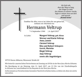 Traueranzeige von Hermann Veltrup von Neue Osnabrücker Zeitung GmbH & Co. KG