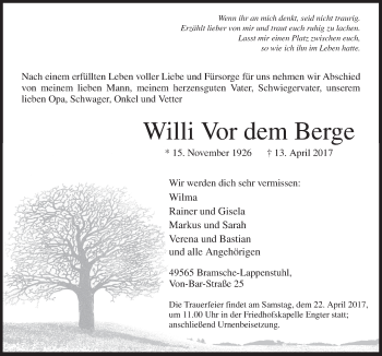 Traueranzeige von Willi  Vor dem Berge von Neue Osnabrücker Zeitung GmbH & Co. KG