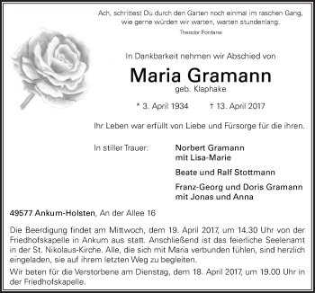 Traueranzeige von Maria Gramann von Neue Osnabrücker Zeitung GmbH & Co. KG