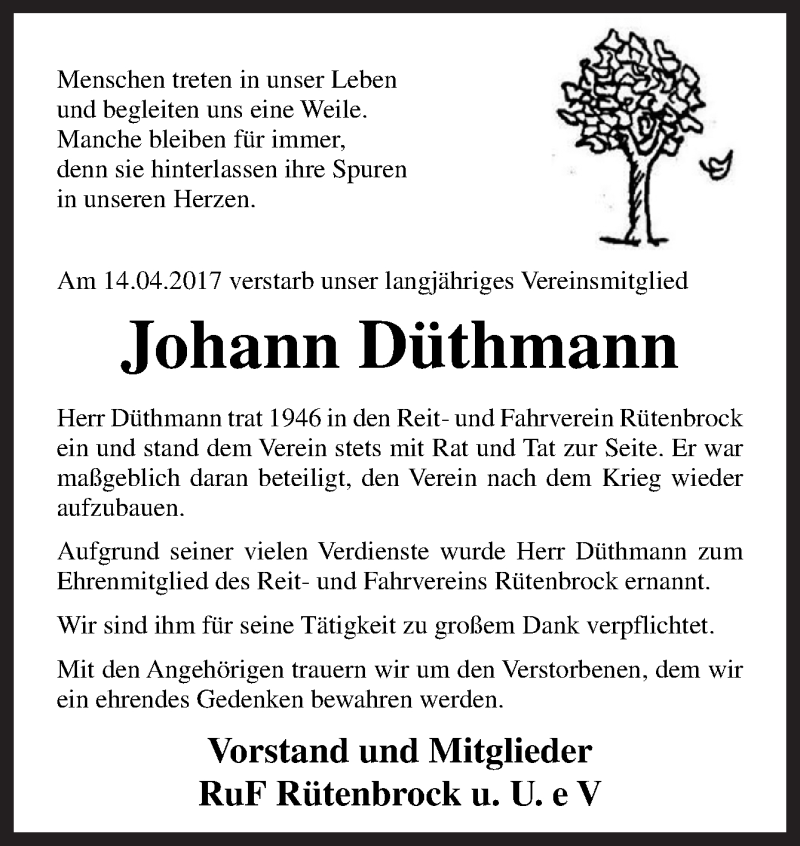  Traueranzeige für Johann Düthmann vom 19.04.2017 aus Neue Osnabrücker Zeitung GmbH & Co. KG