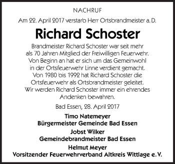 Traueranzeige von Richard Schoster von Neue Osnabrücker Zeitung GmbH & Co. KG