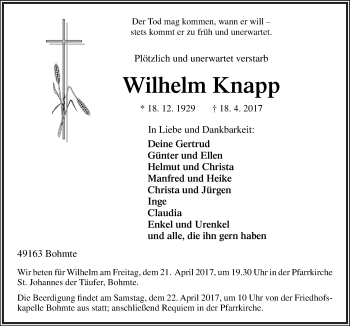 Traueranzeige von Wilhelm Knapp von Neue Osnabrücker Zeitung GmbH & Co. KG
