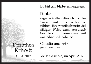 Traueranzeige von Dorothea Kriwett von Neue Osnabrücker Zeitung GmbH & Co. KG