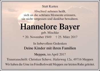 Traueranzeige von Hannelore Bayer von Neue Osnabrücker Zeitung GmbH & Co. KG