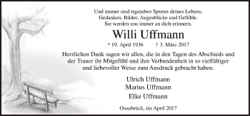 Traueranzeige von Willi Uffmann von Neue Osnabrücker Zeitung GmbH & Co. KG