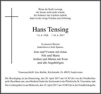 Traueranzeige von Hans Tensing von Neue Osnabrücker Zeitung GmbH & Co. KG