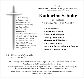 Traueranzeige von Katharina Schulte von Neue Osnabrücker Zeitung GmbH & Co. KG