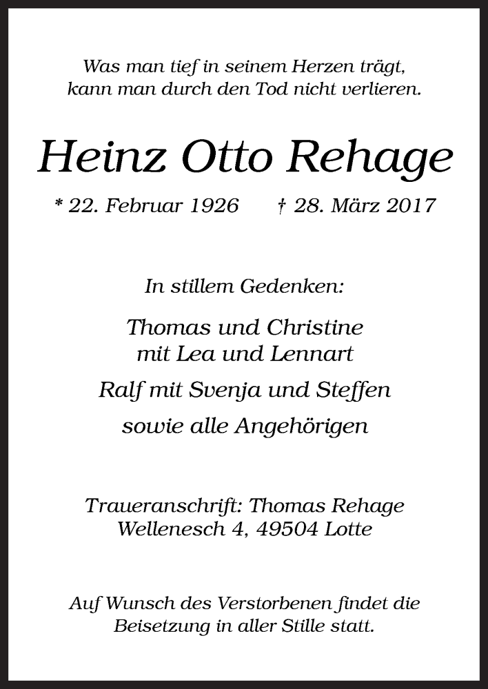 Traueranzeigen von Heinz Otto Rehage noz Trauerportal