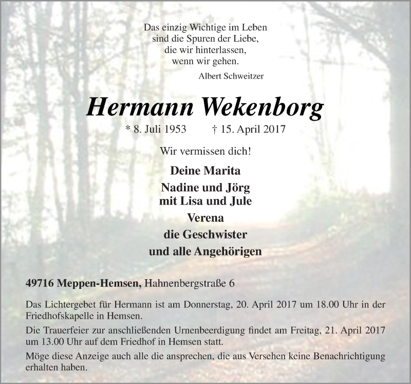  Traueranzeige für Hermann Wekenborg vom 18.04.2017 aus Neue Osnabrücker Zeitung GmbH & Co. KG