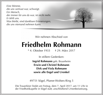 Traueranzeige von Friedhelm Rohmann von Neue Osnabrücker Zeitung GmbH & Co. KG
