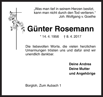 Traueranzeige von Günter Rosemann von Neue Osnabrücker Zeitung GmbH & Co. KG