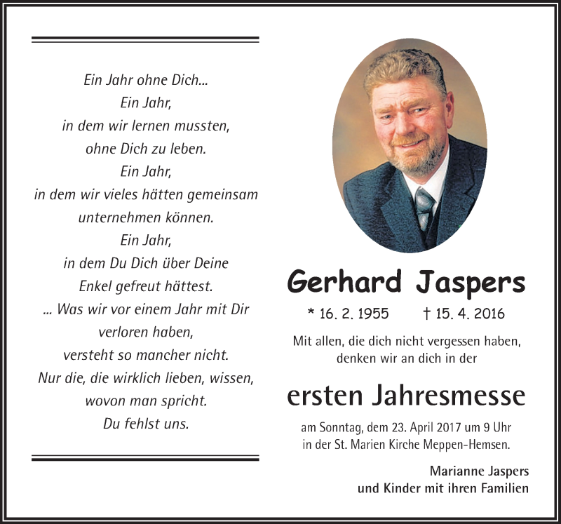  Traueranzeige für Gerhard Jaspers vom 15.04.2017 aus Neue Osnabrücker Zeitung GmbH & Co. KG