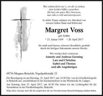 Traueranzeige von Margret Voss von Neue Osnabrücker Zeitung GmbH & Co. KG