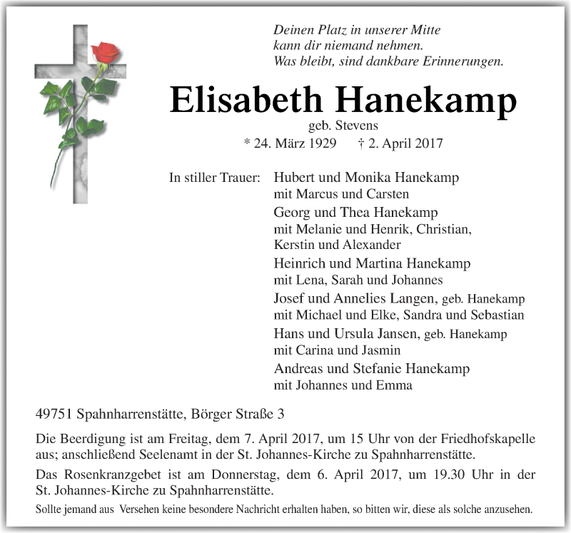  Traueranzeige für Elisabeth Hanekamp vom 04.04.2017 aus Neue Osnabrücker Zeitung GmbH & Co. KG