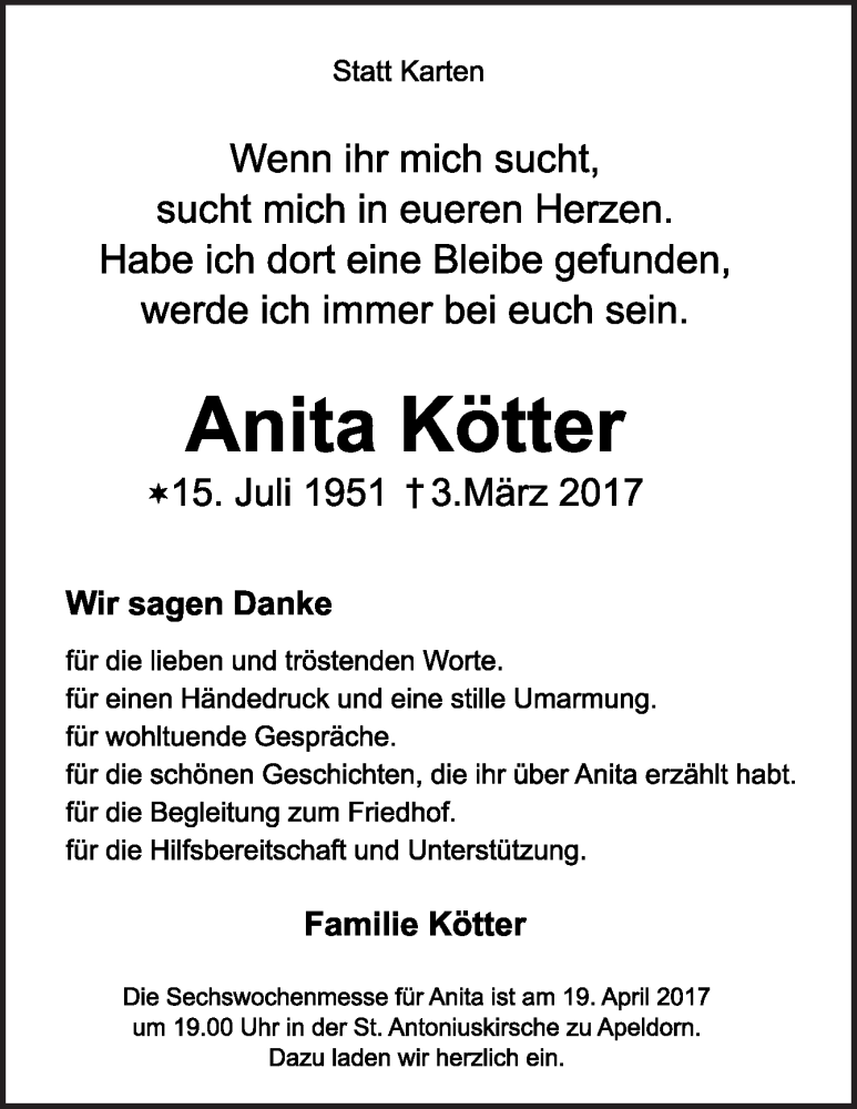  Traueranzeige für Anita Kötter vom 15.04.2017 aus Neue Osnabrücker Zeitung GmbH & Co. KG