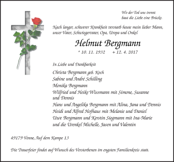 Traueranzeige von Helmut Bergmann von Neue Osnabrücker Zeitung GmbH & Co. KG