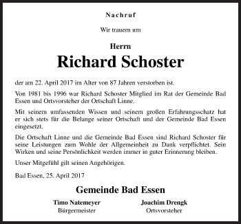 Traueranzeige von Richard Schoster von Neue Osnabrücker Zeitung GmbH & Co. KG