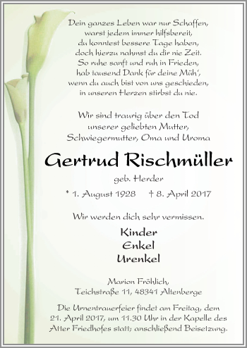 Traueranzeige von Gertrud Rischmüller von Neue Osnabrücker Zeitung GmbH & Co. KG