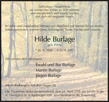 Traueranzeige von Hilde Burlage von Neue Osnabrücker Zeitung GmbH & Co. KG