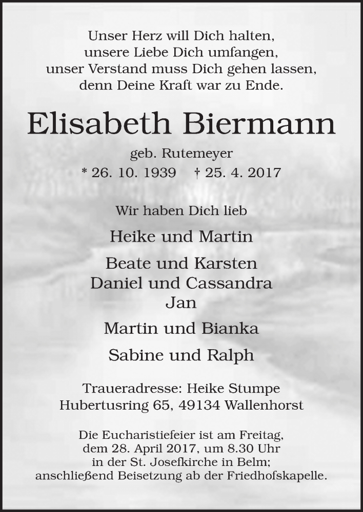  Traueranzeige für Elisabeth Biermann vom 26.04.2017 aus Neue Osnabrücker Zeitung GmbH & Co. KG