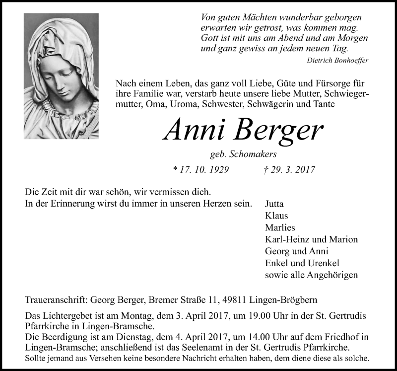  Traueranzeige für Anni Berger vom 01.04.2017 aus Neue Osnabrücker Zeitung GmbH & Co. KG