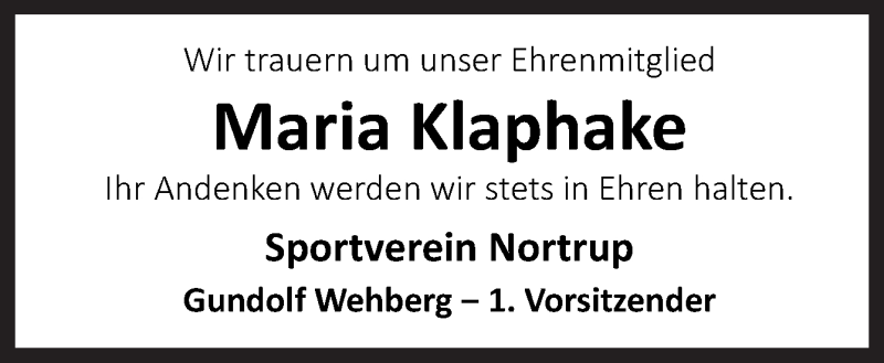  Traueranzeige für Maria Klaphake vom 27.04.2017 aus Neue Osnabrücker Zeitung GmbH & Co. KG