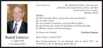Traueranzeige von Rudolf Litmeyer von Neue Osnabrücker Zeitung GmbH & Co. KG